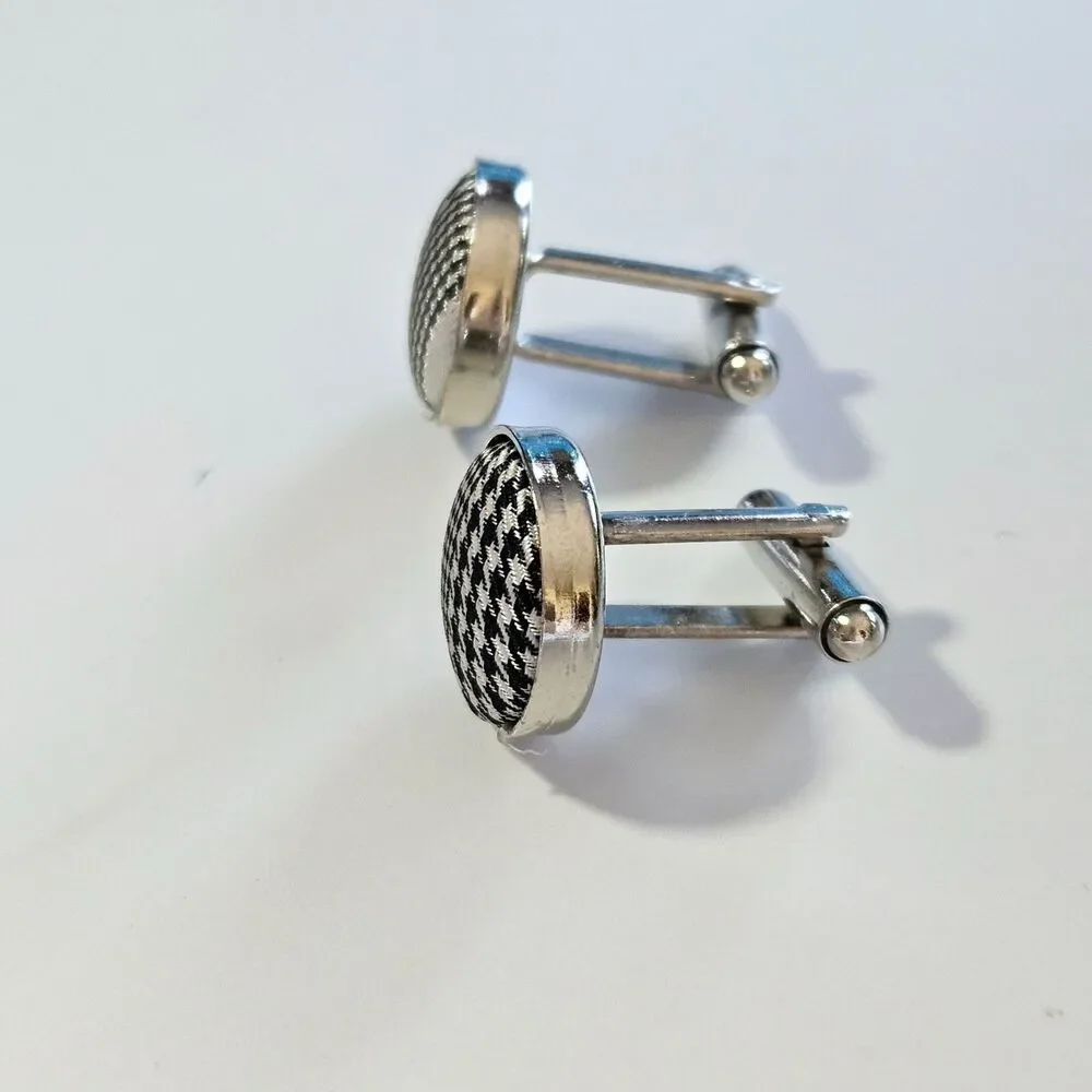 Men's Black and White Checkered Fabric Cufflinks Vintage Silver Tone